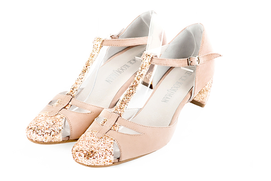 Copper gold and powder pink women's T-strap open side shoes. Round toe. Low comma heels. Front view - Florence KOOIJMAN